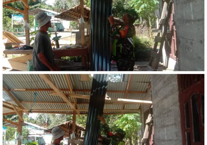 Bantu Pasang Atap Rumah, Babinsa Woyla Barat Rawat Semangat Gotong Royong Warga
